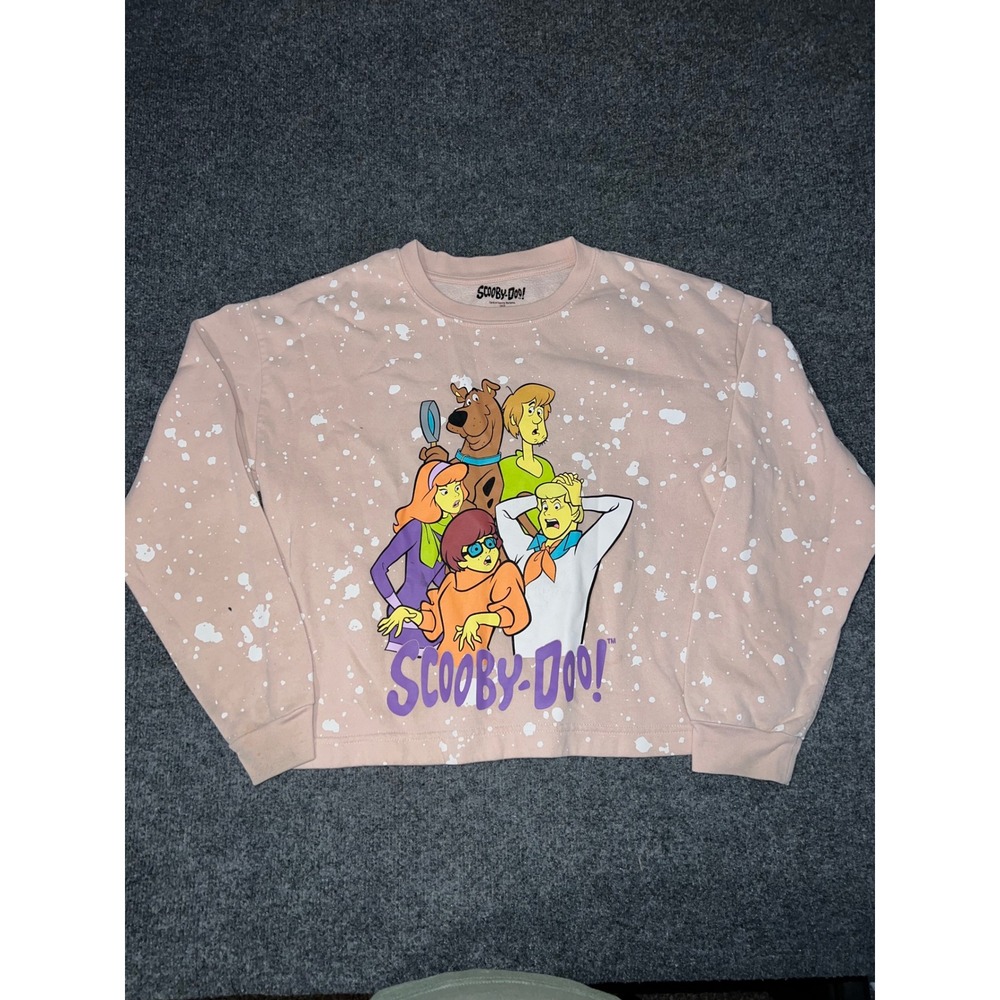Scooby-Doo Graphic Sweatshirt Pink Splatter Mystery Inc XL 15-17 Cropped Top
